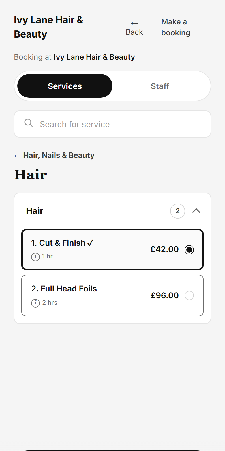 The booking page: the Hair services, Cut and Blowdry chosen