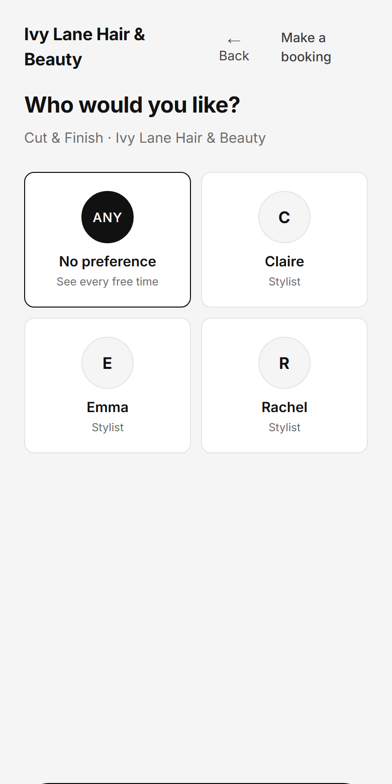 Choosing who with: no preference, or a named stylist