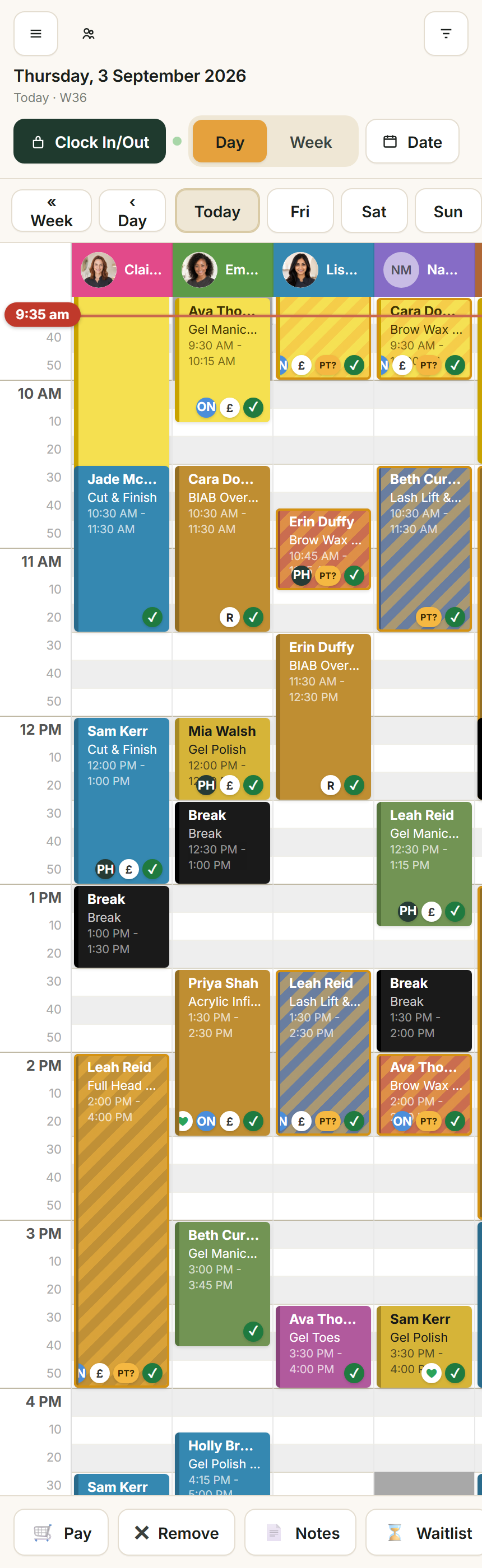 The same diary on a phone: the day heading and the staff columns with their bookings