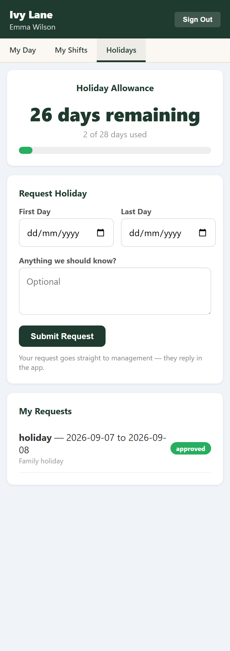 The staff app, Holidays tab