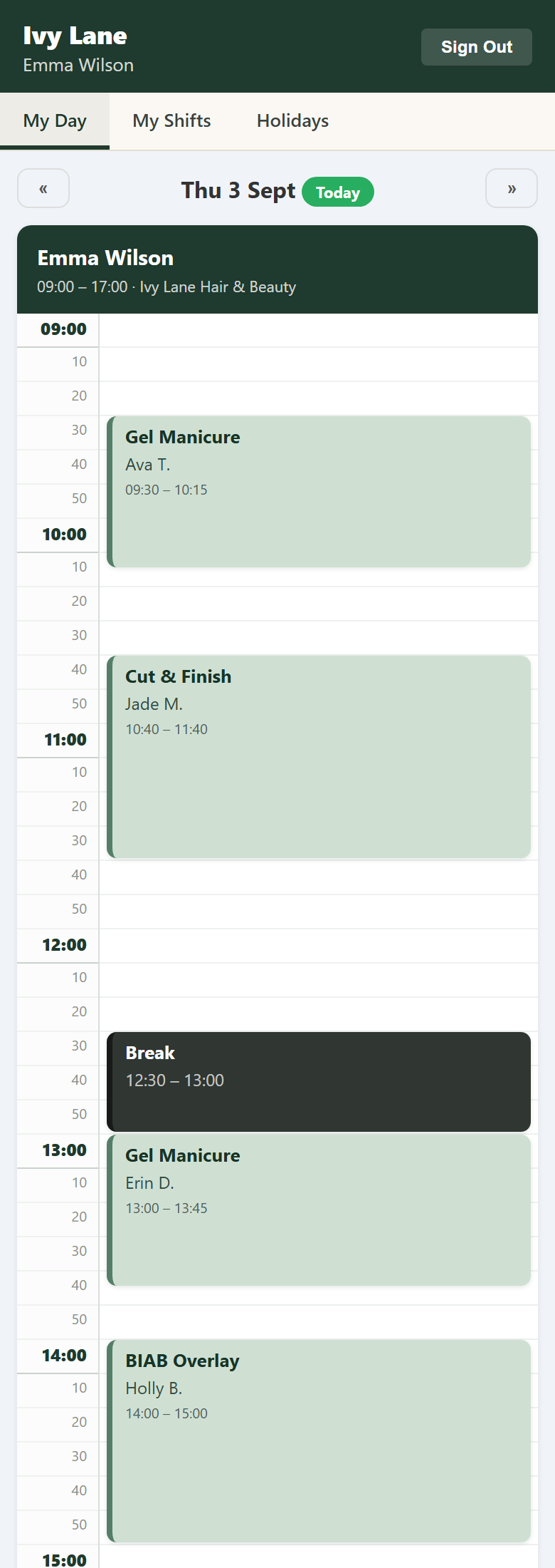 The staff app, My Day tab