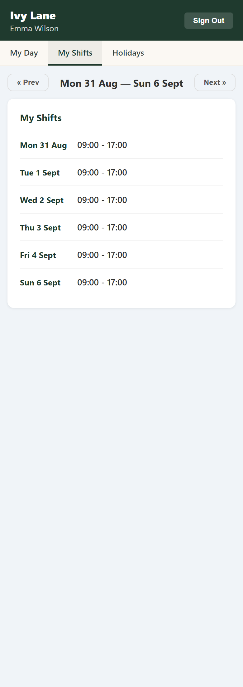 The staff app, My Shifts tab